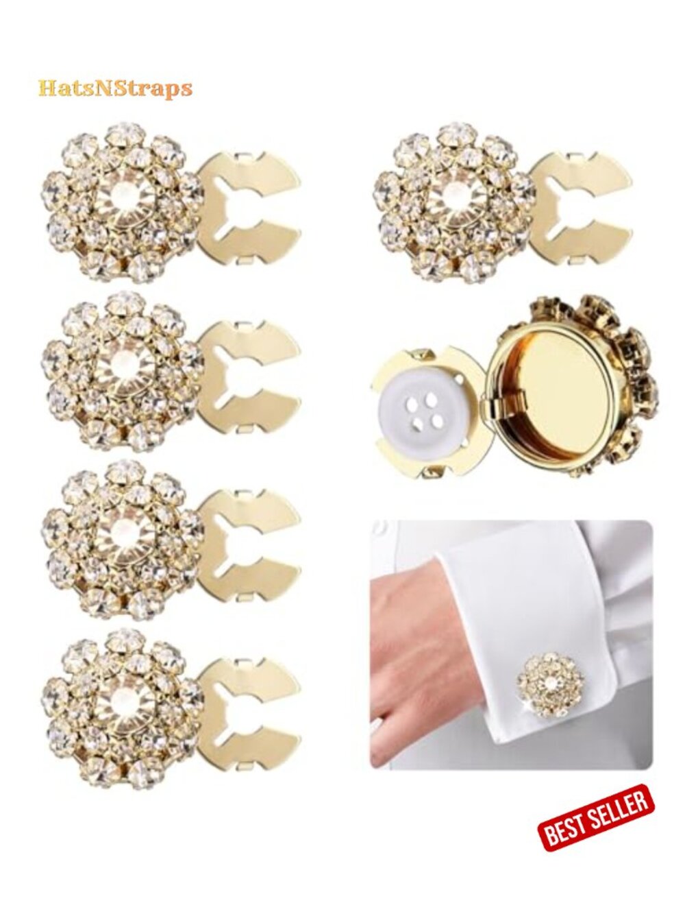 5 Pack Rhinestone Clip-On Button Covers Brass DIY Clothing Embellishments